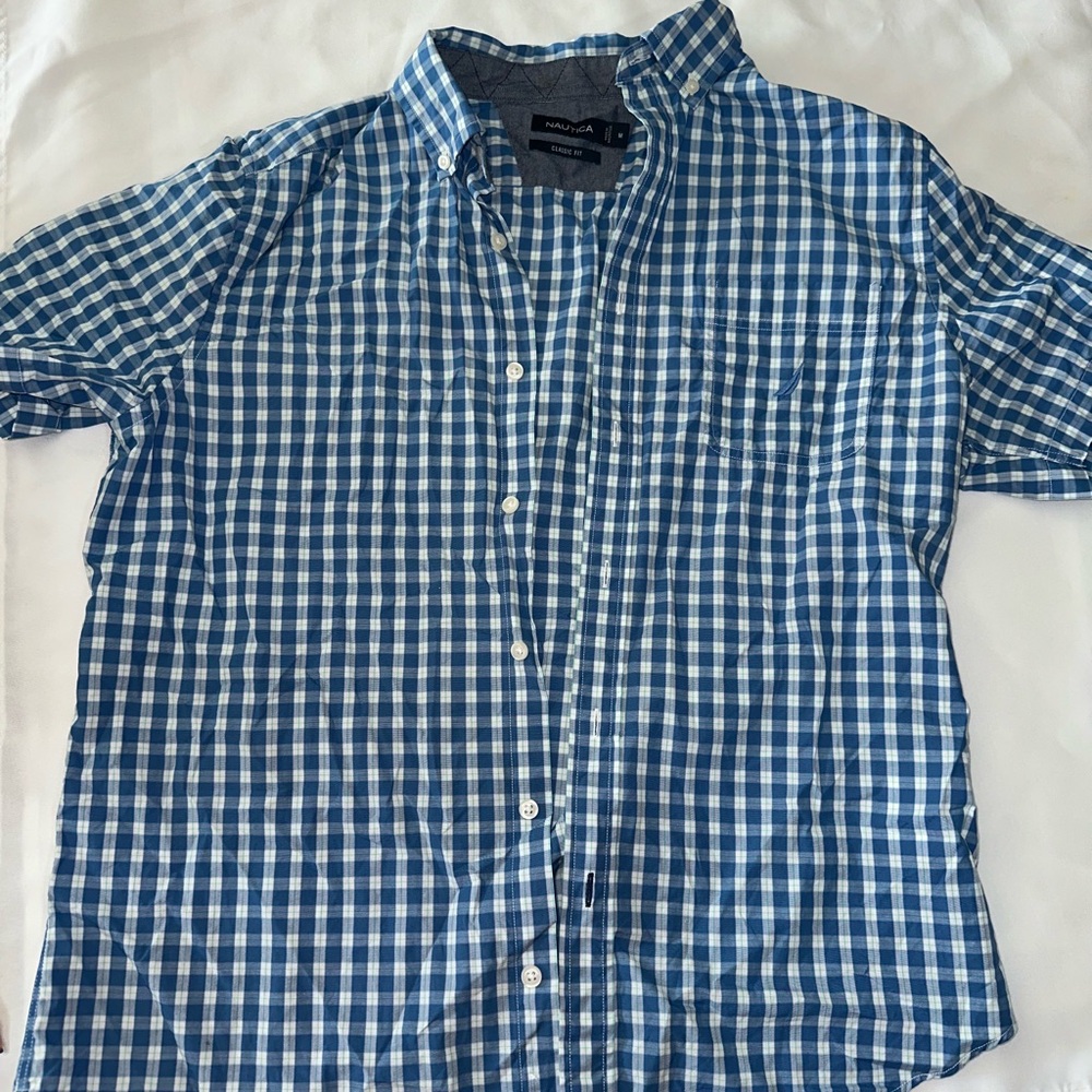 Nautica Blue and White Plaid Button Down Shirt